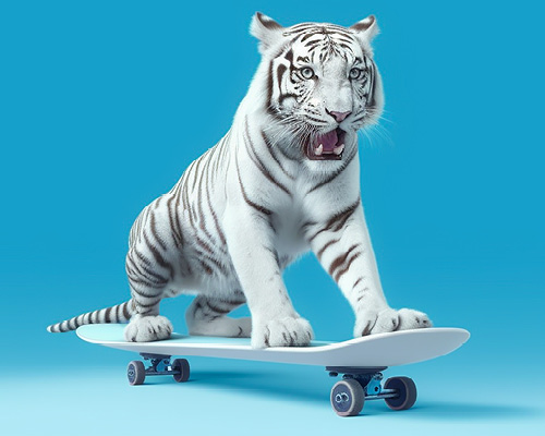 Ein weißer Tiger auf einem weißen Skateboard